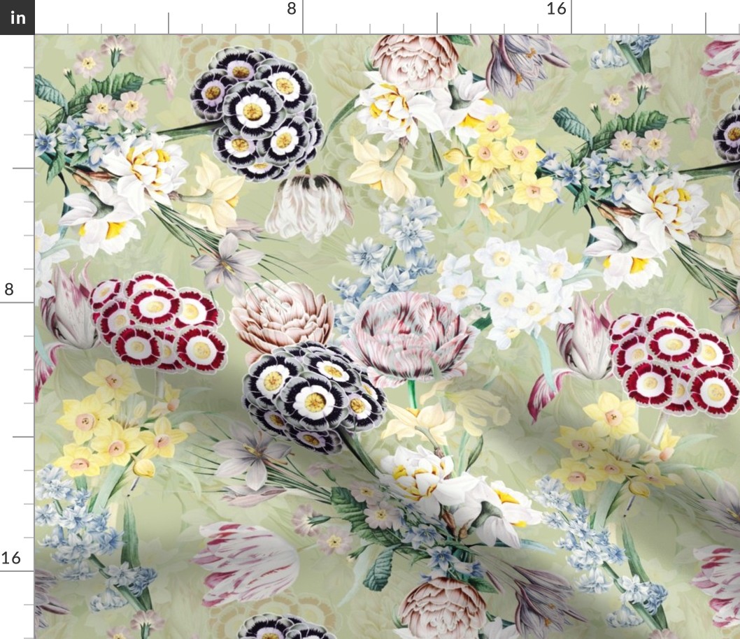 14" Hand Painted Antique Watercolor Springflowers Fabric, Springflower, Tulips Fabric, Primula Fabric, double layer - soft spring green