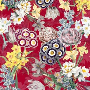 14" Hand Painted Antique Watercolor Springflowers Fabric, Springflower, Tulips Fabric, Primula Fabric, double layer - red