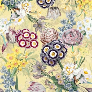 14" Hand Painted Antique Watercolor Springflowers Fabric, Springflower, Tulips Fabric, Primula Fabric, double layer - soft yellow