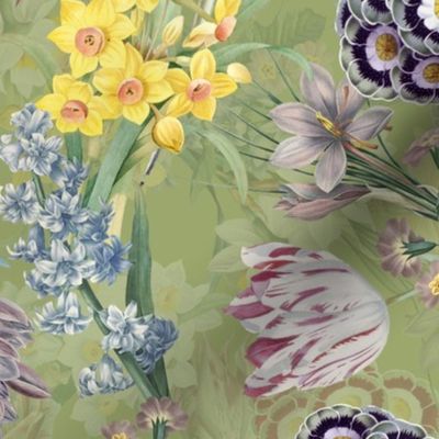 14" Hand Painted Antique Watercolor Springflowers Fabric, Springflower, Tulips Fabric, Primula Fabric, double layer - darker green