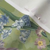 14" Hand Painted Antique Watercolor Springflowers Fabric, Springflower, Tulips Fabric, Primula Fabric, double layer - darker green