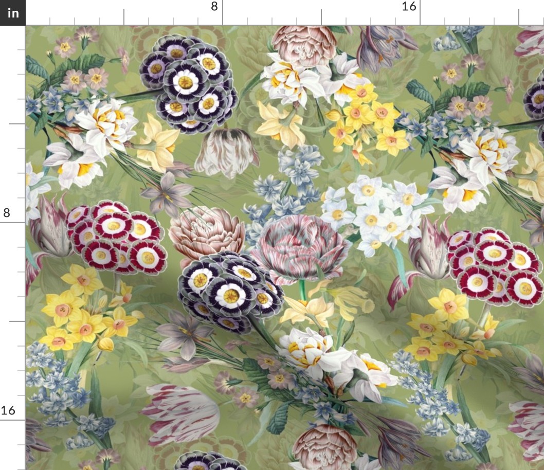 14" Hand Painted Antique Watercolor Springflowers Fabric, Springflower, Tulips Fabric, Primula Fabric, double layer - darker green