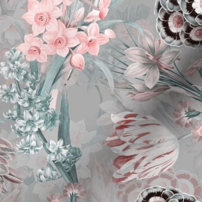 14" Hand Painted Antique Watercolor Springflowers Fabric, Springflower, Tulips Fabric, Primula Fabric, double layer - gray Pink
