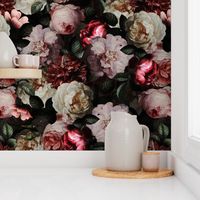  Vintage Summer Dark Night Romanticism:  Maximalism Moody Florals- Antiqued Pink And Cream Jan Davidsz. de Heem Roses Bouquets Nostalgic -  Gothic Mystic Night-  Antique Botany Wallpaper and Victorian Goth Mystic inspired Dramatic Glamour black 