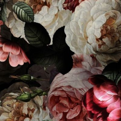  Vintage Summer Dark Night Romanticism:  Maximalism Moody Florals- Antiqued Pink And Cream Jan Davidsz. de Heem Roses Bouquets Nostalgic -  Gothic Mystic Night-  Antique Botany Wallpaper and Victorian Goth Mystic inspired black 
