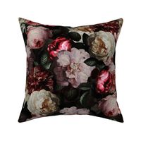  Vintage Summer Dark Night Romanticism:  Maximalism Moody Florals- Antiqued Pink And Cream Jan Davidsz. de Heem Roses Bouquets Nostalgic -  Gothic Mystic Night-  Antique Botany Wallpaper and Victorian Goth Mystic inspired black 