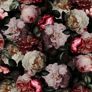  Vintage Summer Dark Night Romanticism:  Maximalism Moody Florals- Antiqued Pink And Cream Jan Davidsz. de Heem Roses Bouquets Nostalgic -  Gothic Mystic Night-  Antique Botany Wallpaper and Victorian Goth Mystic inspired black 