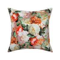 Medium - Vintage Summer Dark Night Romanticism:  Maximalism Moody Florals- Antiqued Orange And Cream Jan Davidsz. de Heem Roses Bouquets With Fern Leaves Nostalgic - Gothic dramatic Mystic Night-  Antique Botany Wallpaper and Victorian Goth Mystic inspire