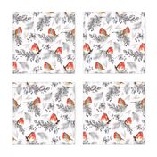 9"  watercolor bullfinches bird winter vintage christmas pattern,  red berries, red birds, glitter, winter birds, bullfinches, birds,  nature, christmas birds, red  grey and white