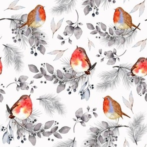 9"  watercolor bullfinches bird winter vintage christmas pattern,  red berries, red birds, glitter, winter birds, bullfinches, birds,  nature, christmas birds, red  grey and white