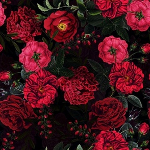 14" Antique Dark Red Roses on Black
