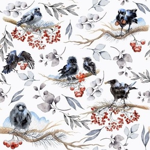 9" watercolor crows bird winter pattern, vintage christmas , red berries,  black birds, glitter, winter birds, ravens,  nature, christmas birds, red  grey and white