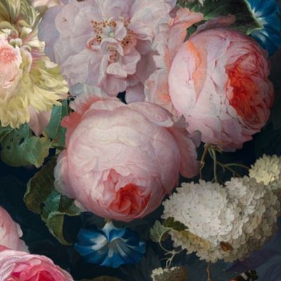 nostalgic Dutch Flemish antiqued Night Roses -  on Dark Moody Floral blue