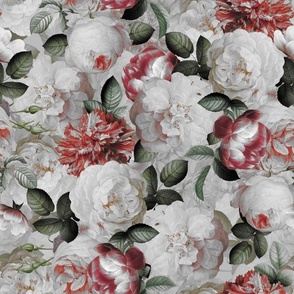Medium - Vintage Summer Dark Night Romanticism:  Maximalism Moody Florals- Antiqued Red And Silver Jan Davidsz. de Heem Roses Bouquets With Fern Leaves Nostalgic - Gothic Mystic Night-  Antique Botany Wallpaper and Victorian Goth Mystic inspired
