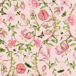 Antique Rococo Chinoiserie Flower Rose Exotic Trees With  Flying Insects on pink - Marie Antoinette Chinoiserie inspired