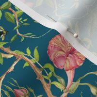 Antique Rococo Chinoiserie Flower Rose Exotic Trees With  Flying Insects on teal- Marie Antoinette Chinoiserie inspired