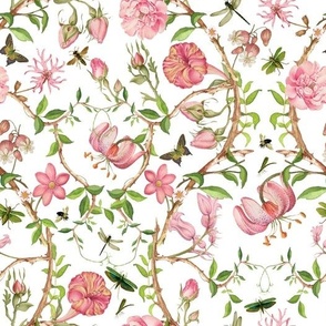 Antique Rococo Chinoiserie Flower Rose Exotic Trees With  Flying Insects on white- Marie Antoinette Chinoiserie inspired