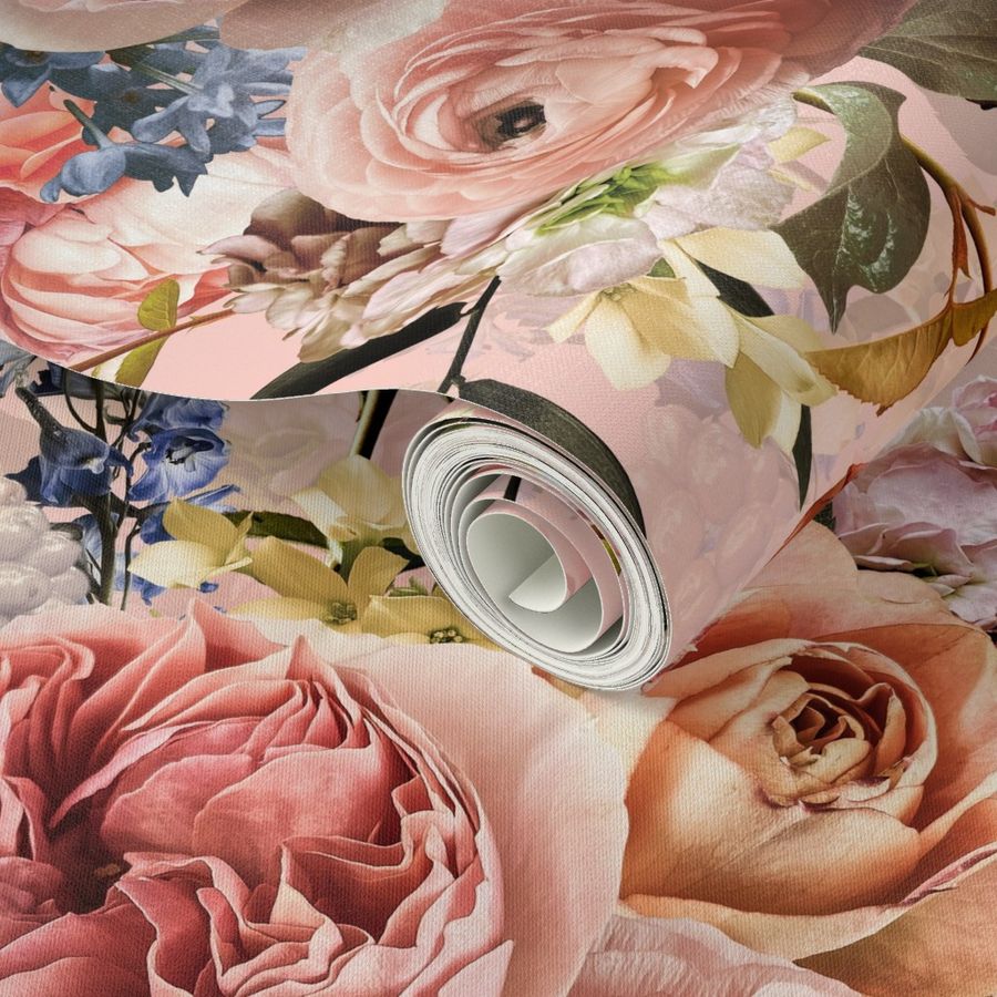 Dramatic Glamour Lush peach roses,roses fabric,vintage rose wallpaper,lush peonies and flowers fabric on blush double layer