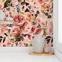 Lush peach roses,roses fabric,vintage rose wallpaper,lush peonies and flowers fabric on blush double layer
