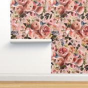 Lush peach roses,roses fabric,vintage rose wallpaper,lush peonies and flowers fabric on blush double layer