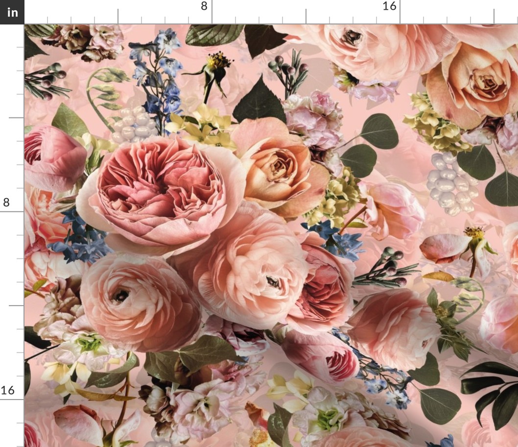 Lush peach roses,roses fabric,vintage rose wallpaper,lush peonies and flowers fabric on blush double layer