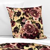 Dark Lush Fall roses asters and dahlia flowers pattern made of real floral elements- yellow-  with double layer 