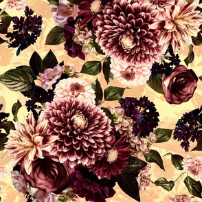 Dark Lush Fall roses asters and dahlia flowers pattern made of real floral elements- yellow-  with double layer 