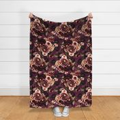 Dark Lush Fall roses asters and dahlia flowers pattern made of real floral elements- purple-  with double layer 