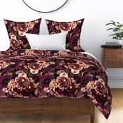 Dark Lush Fall roses asters and dahlia flowers pattern made of real floral elements- purple-  with double layer 