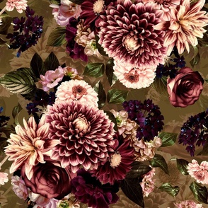 Dark Lush Fall roses asters and dahlia flowers pattern made of real floral elements- green-  with double layer 
