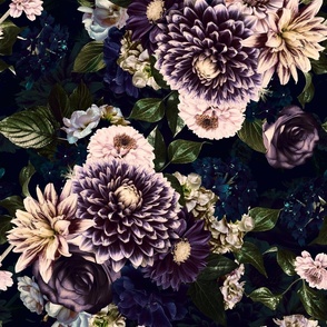 Dark Lush Fall roses asters and dahlia flowers pattern made of real floral elements- purple-  with double layer 