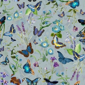12"   Butterflies In Blue Flower Garden- Gray Double