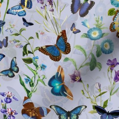 12"   Butterflies In Blue Flower Garden- Lilac Double