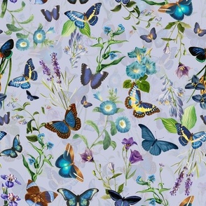 12"   Butterflies In Blue Flower Garden- Lilac Double