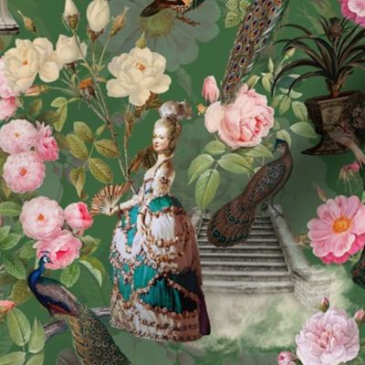 14" Nostalgic  Rococo Marie Antoinette in her French Flower Redouté Roses Garden  - green, Romantism Vintage home decor, antique wallpaper,