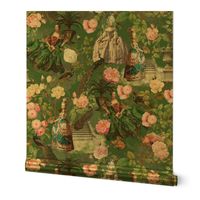 14" Nostalgic  Rococo Marie Antoinette in her French Flower Redouté Roses Garden  - green, Romantism Vintage home decor, antique wallpaper,