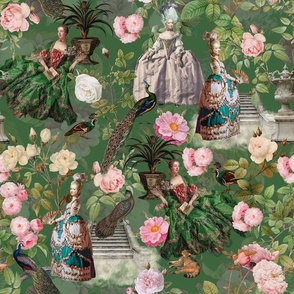 14" Nostalgic  Rococo Marie Antoinette in her French Flower Redouté Roses Garden  - green, Vintage home decor, antique wallpaper,