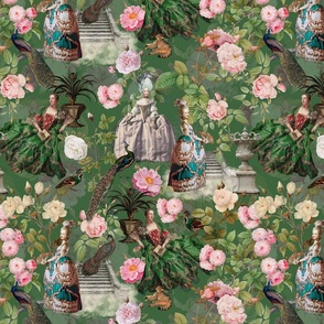 14" Nostalgic  Rococo Marie Antoinette in her French Flower Redouté Roses Garden  - green, Romantism Vintage home decor, antique wallpaper,
