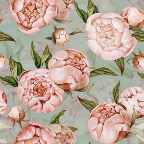 12" Peach Peonies On Sepia Turquoise 