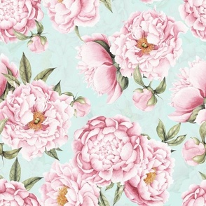 14"  Hand painted watercolor blush peonies flower pattern fabric on sepia light blue -double layer