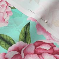 14"  Hand painted watercolor blush peonies flower pattern fabric on turquoise-double layer