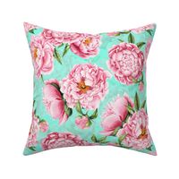 14"  Hand painted watercolor blush peonies flower pattern fabric on turquoise-double layer