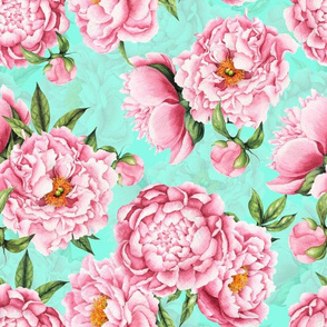 14"  Hand painted watercolor blush peonies flower pattern fabric on turquoise-double layer