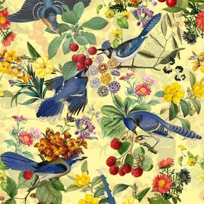 vintage kingfishers, birds fabric, kingfisher fabric, exotic nature bird  on yellow