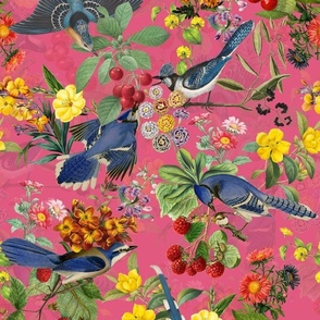 vintage kingfishers, birds fabric, kingfisher fabric, exotic nature bird  on pink