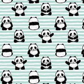 little pandas on stripes - mint - LAD21