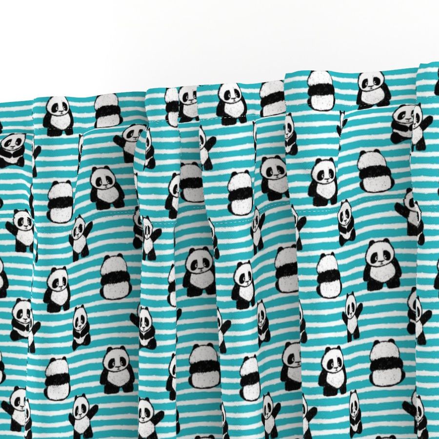 little pandas on stripes - teal - LAD21