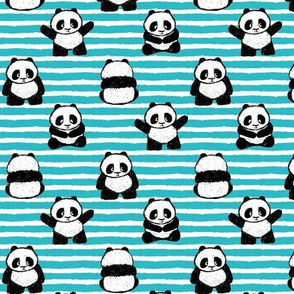 little pandas on stripes - teal - LAD21