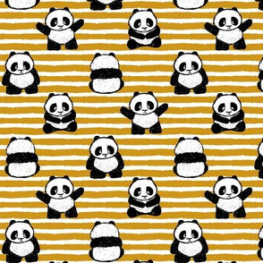 little pandas on stripes - mustard - LAD21