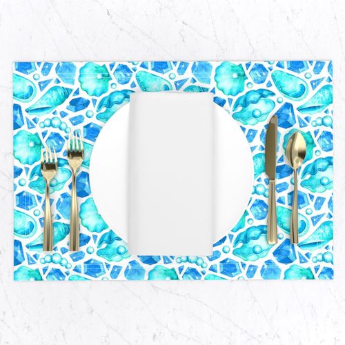 Mermaid's Ocean Bed Treasures - bright blue and green on white 